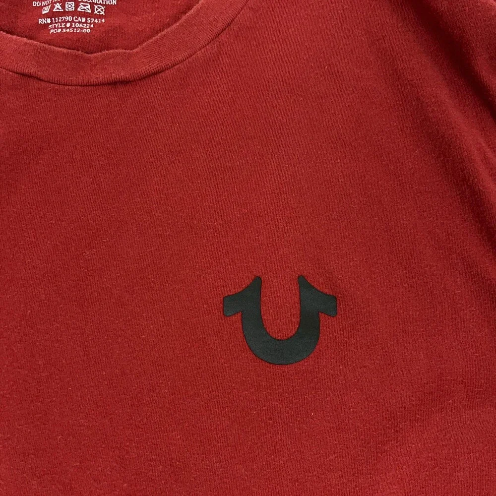 True Religion Shirt Mens Large Red Buddha Graphic Horseshoe Logo Style‎ 106622